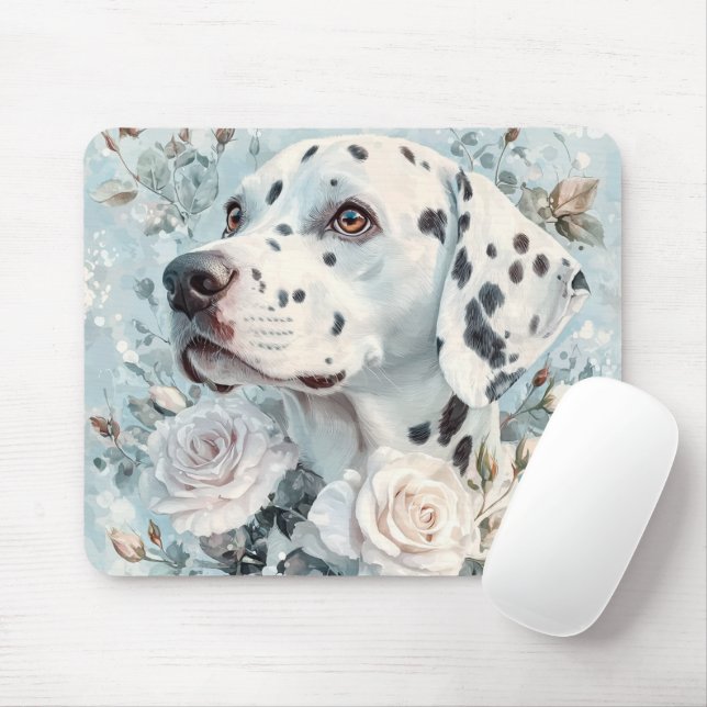 MOUSEPAD FLOR DE AZUL PASTEL E BRANCO COM CÃO DALMATA (Com mouse)