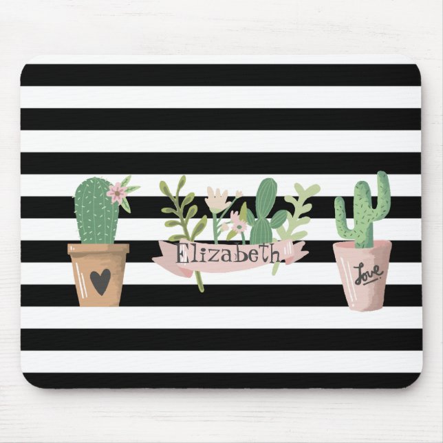 Mousepad Flor de Cacto Listras Pretas e Brancas (Frente)