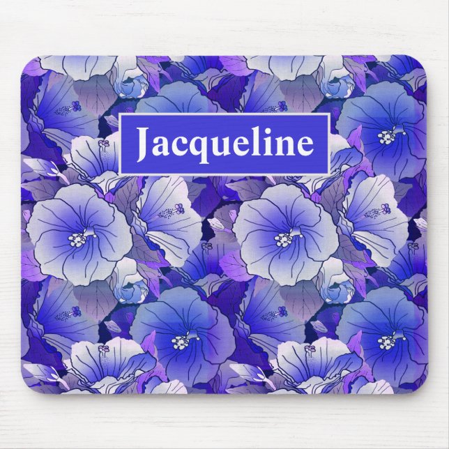 Mousepad Flor De Hibisco Branco E Azul Tropical Elegante (Frente)