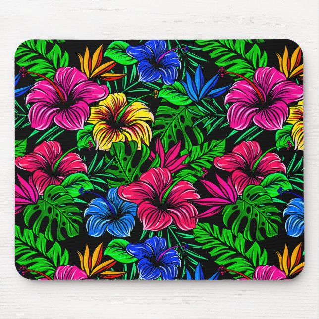 Mousepad Flor de Hibisco Vermelho Azul, Tropical Elegante (Frente)