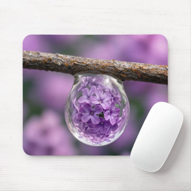Mousepad Flor de Lilás Refletida em Gota de Chuva (Com mouse)