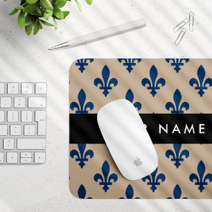 Mousepad Flor de Lis, Azul Marinho em Bege, Real, Seu Nome