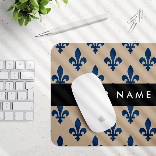 Mousepad Flor de Lis, Azul Marinho em Bege, Real, Seu Nome (Criador carregado)