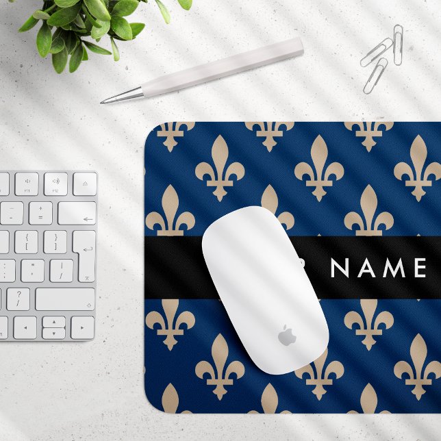 Mousepad Flor de Lis, Bege sobre Azul Marinho, Real, Seu No (Criador carregado)