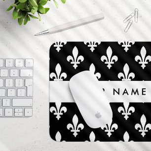 Mousepad Flor de Lis, Branco sobre Preto, Branco, Seu Nome