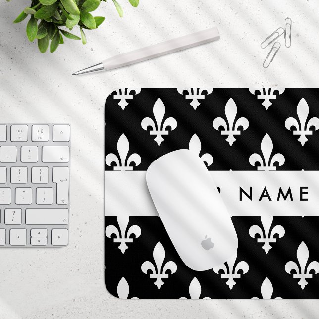 Mousepad Flor de Lis, Branco sobre Preto, Branco, Seu Nome (Criador carregado)