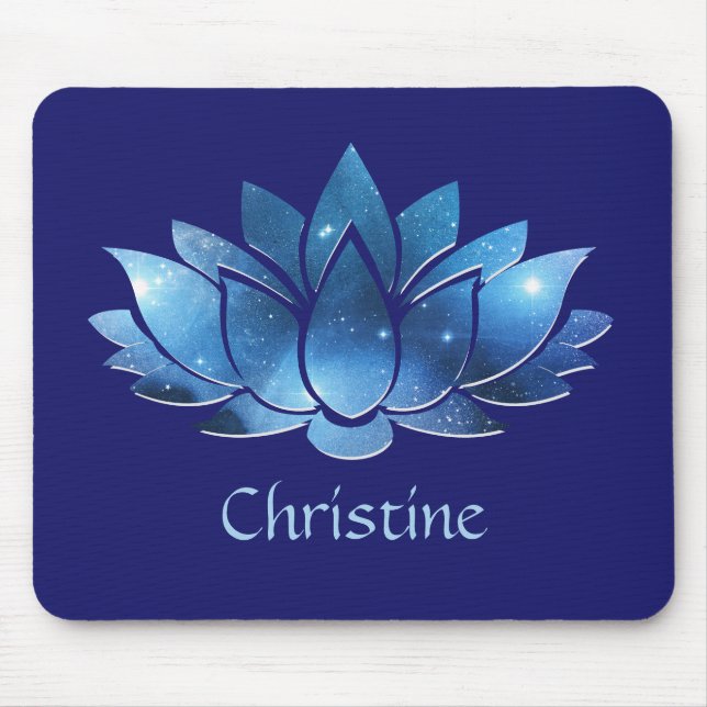 Mousepad Flor de Lotus Galáxico Azul Cósmico com Nome (Frente)