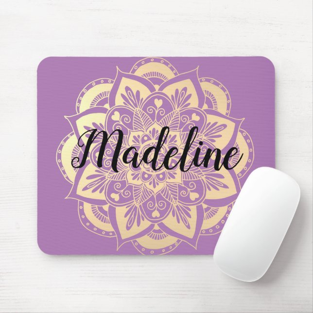 Mousepad Flor de Mandala Dourada e Roxo Personalizado (Com mouse)
