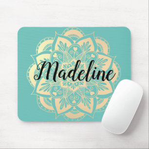 Mousepad Flor de Mandala Personalizada Verde e Dourada