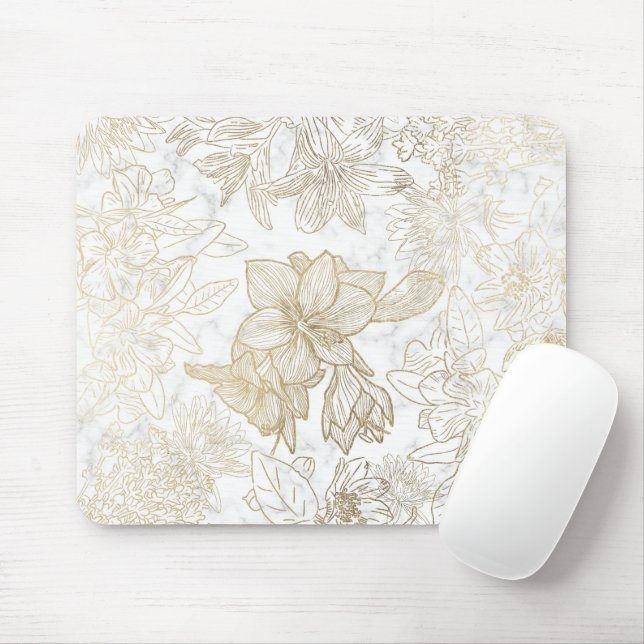 Mousepad Flor de ouro de cinza branca e elegante (Com mouse)