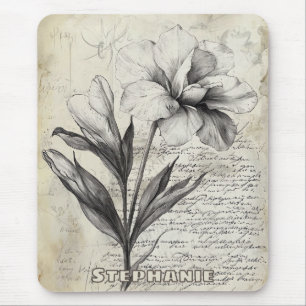 Mousepad Flor de Sketch de Papel Antigo Marrom Nostálgico