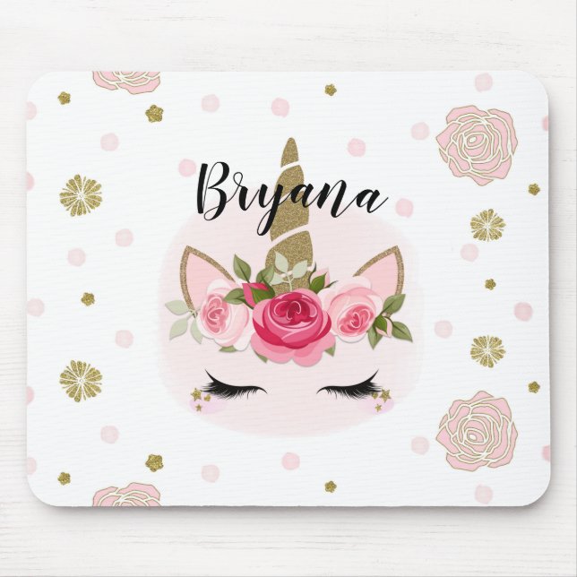 Mousepad Flor de Unicórnio Rosa e Dourado Bloom Tende Cute (Frente)