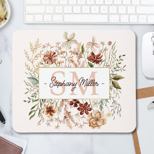 Mousepad Flor Floral Selvagem de Outono em Aquarela com Mon