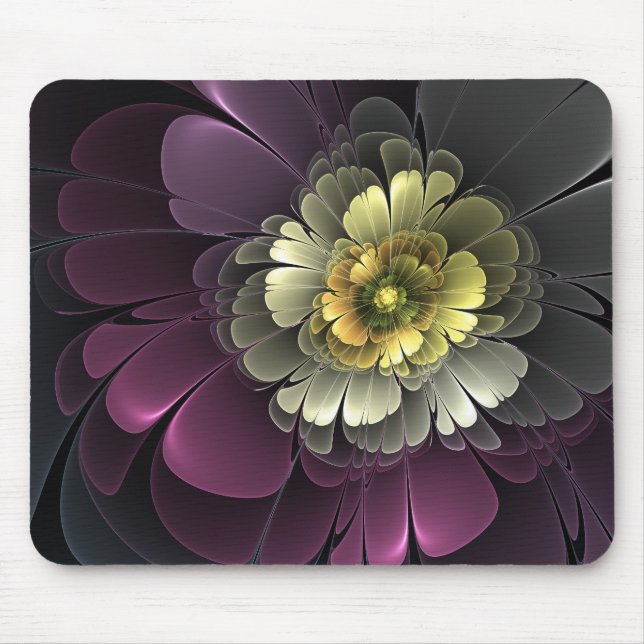Mousepad Flor Fractal Cinza Khaki Roxo Moderno Abstrato (Frente)