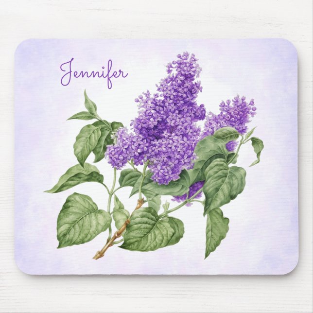 Mousepad Flor Lilac Verde Roxo Nome Personalizado Botânico (Frente)