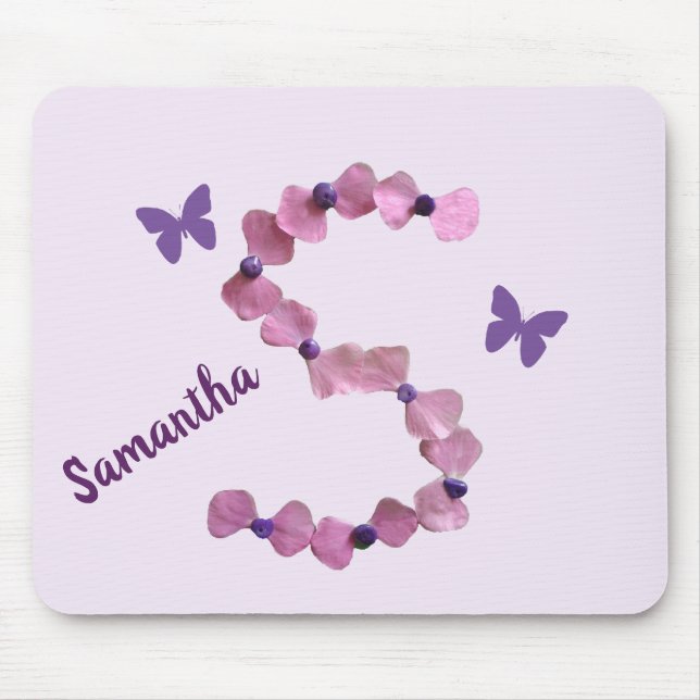 Mousepad Flor Rosa Delicada Monograma S Borboleta Floral (Frente)