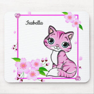 Mousepad Flor Rosa Elegante E Gato Rosa Bonito