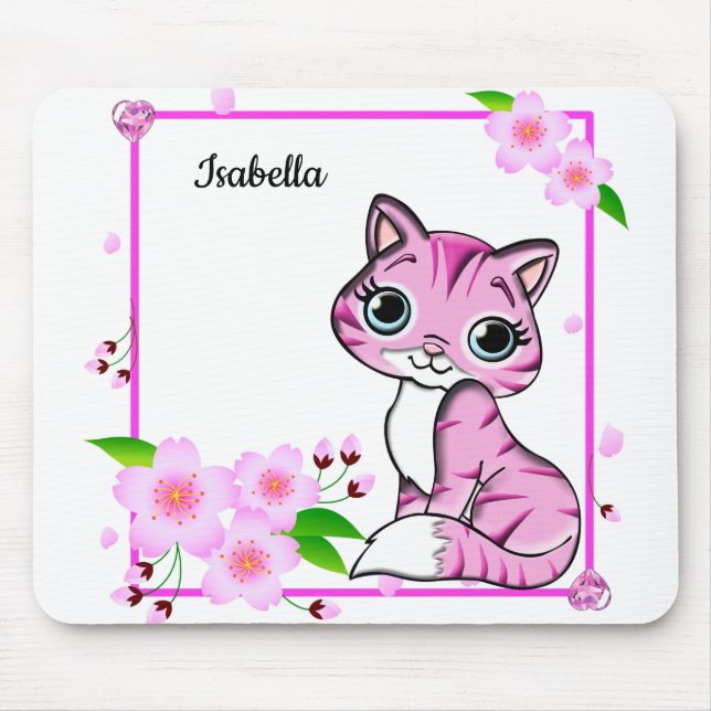 Mousepad Flor Rosa Elegante E Gato Rosa Bonito (Frente)