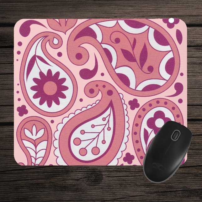 Mousepad Flor Rosa-Rosa (Pretty ornate paisley pattern with teardrops daisies in shades of pink and white on mousepad.)