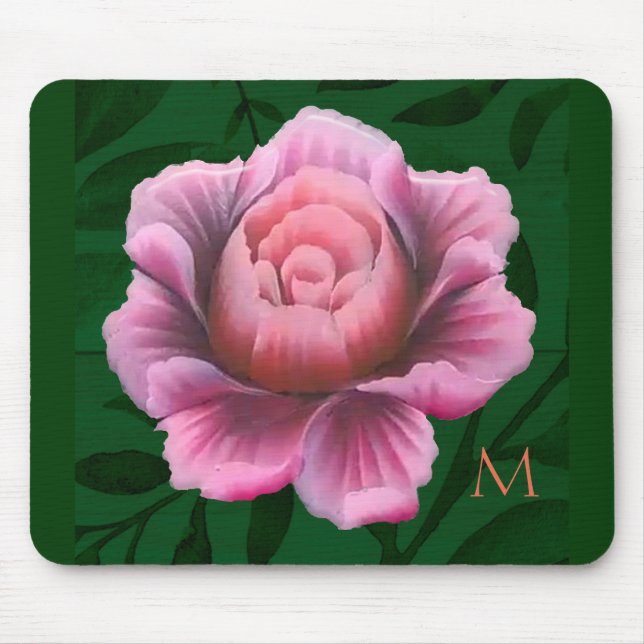 Mousepad Flor Rosa Verde-Rosa Monograma (Frente)