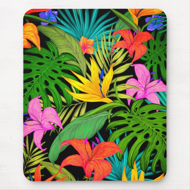 Mousepad Flor tropical e folha de palma Havaí colorida (Frente)