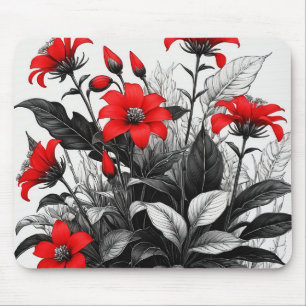 Mousepad Flor Vermelha Na Planta Branca Preta