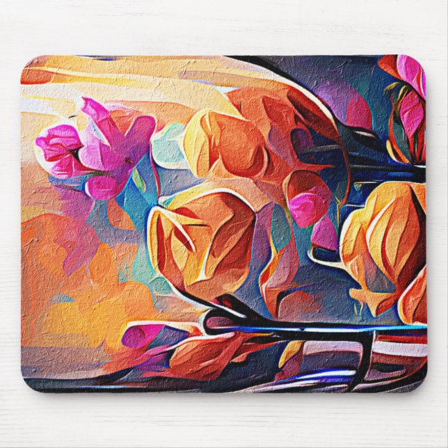 Mousepad Floral Abstrato Art Laranja Vermelho Azul Flores (Frente)