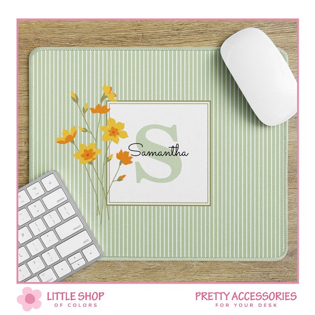 Mousepad Floral Amarelo e faixas verdes monograma (Criador carregado)