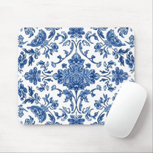 Mousepad Floral Azul de Chinoiserie Aquarela Branca