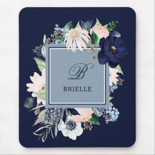 Mousepad Floral azul e azulado do Marinho Nome e Monograma