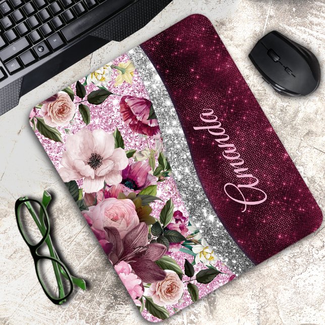 Mousepad floral Burgundy pink silver faux glitter monogram (Criador carregado)