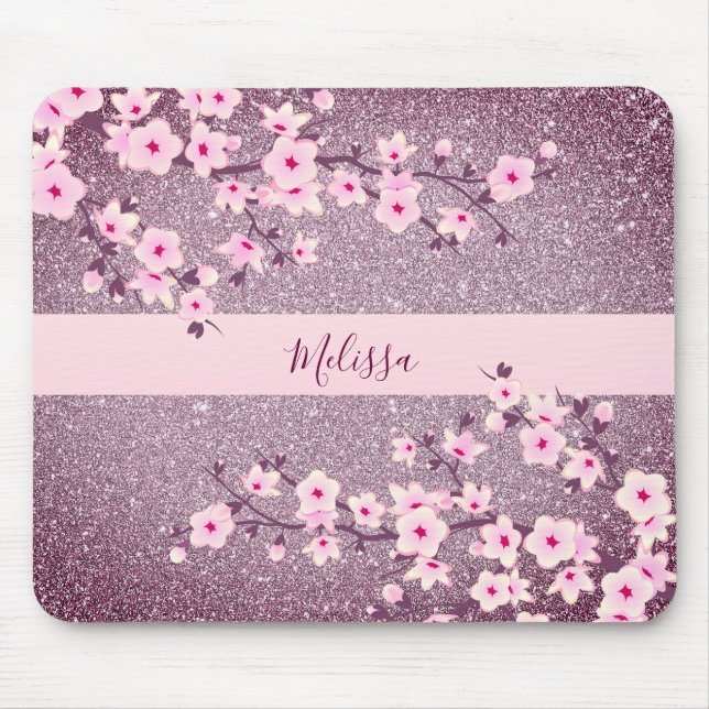 Mousepad Floral Cherry Blossom Mauve Bling Monograma (Frente)
