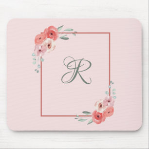 Mousepad Floral Cor-de-Rosa e Branco Monogramado