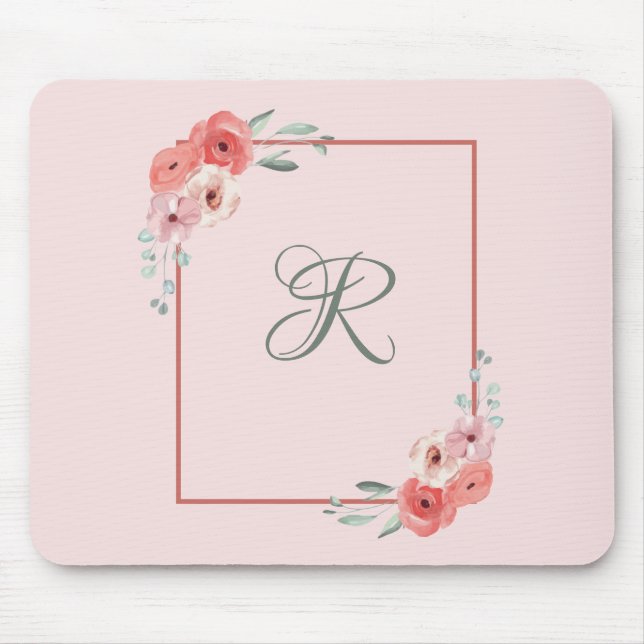 Mousepad Floral Cor-de-Rosa e Branco Monogramado  (Frente)