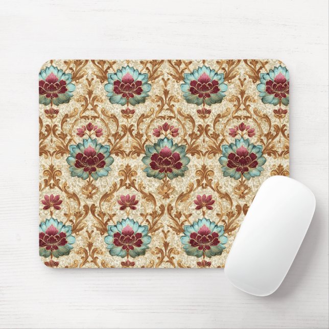 Mousepad Floral Damask Antigo em Turquesa e Borgonha (Com mouse)