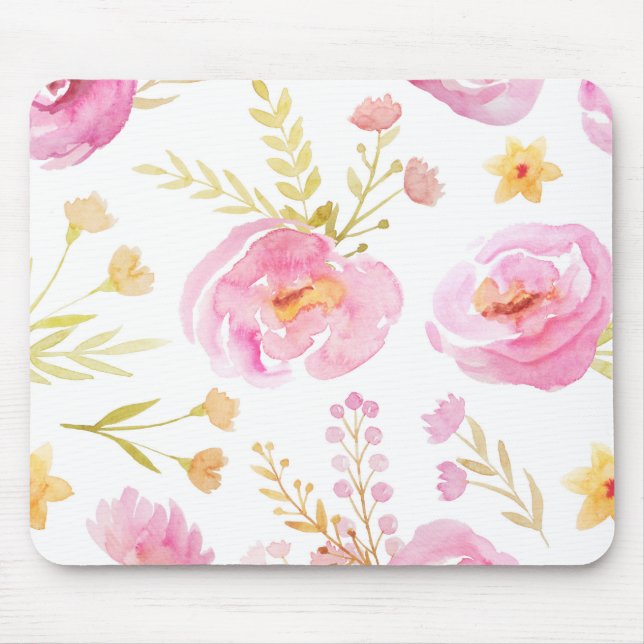 Mousepad Floral de Aquarela Rosa (Frente)