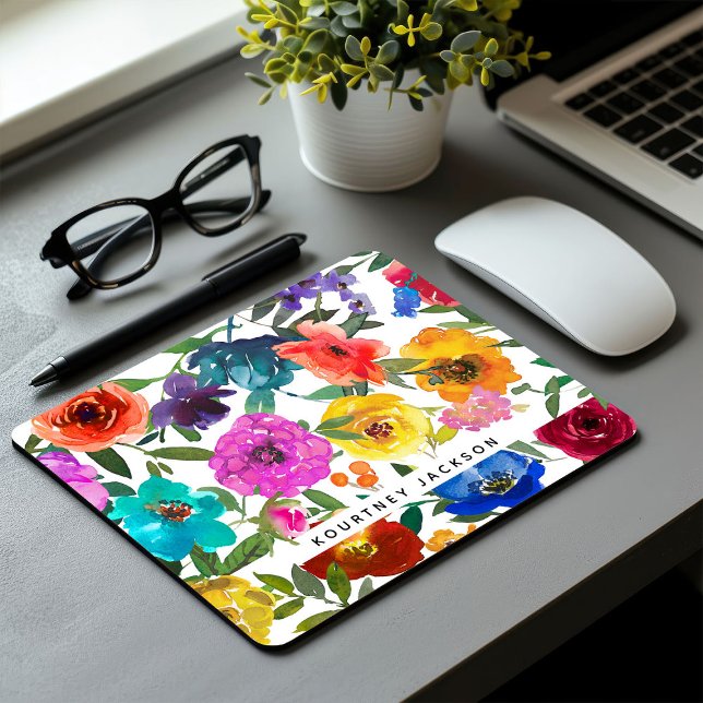 Mousepad Floral de Cor de Água Brilhada Personalizado (Criador carregado)