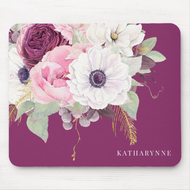 Mousepad Floral de Folha de Ouro Botânica de Blush Elegante (Frente)