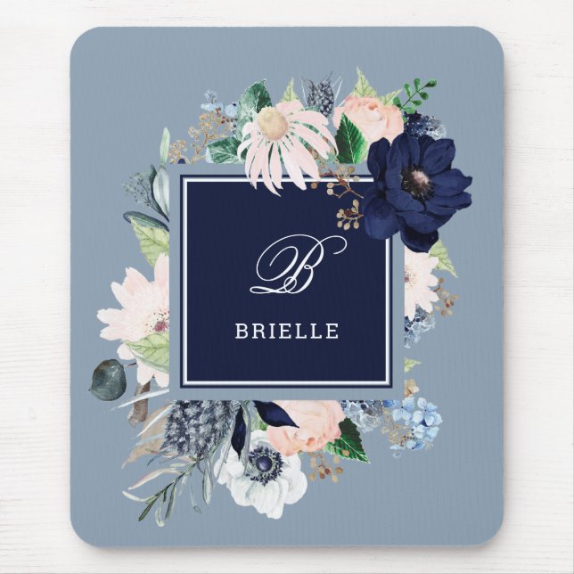 Mousepad Floral de marinho e Blush | Nome e Monograma (Frente)