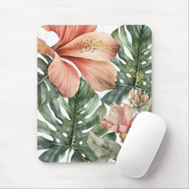 Mousepad Floral de selva em aquarela rosa verde dourado