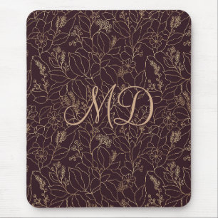 Mousepad Floral Dourado Elegante em Roxo Ameixa Fundo