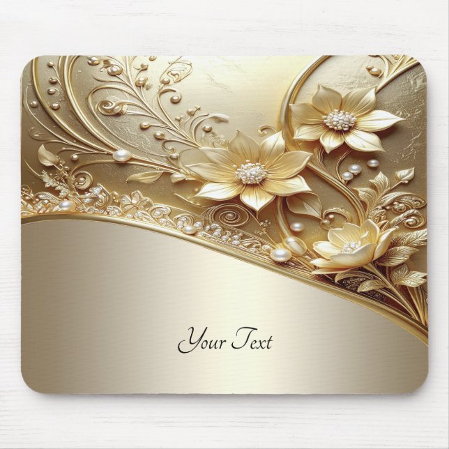 Mousepad Floral Dourado Ornate Moderno com Pérolas (Frente)