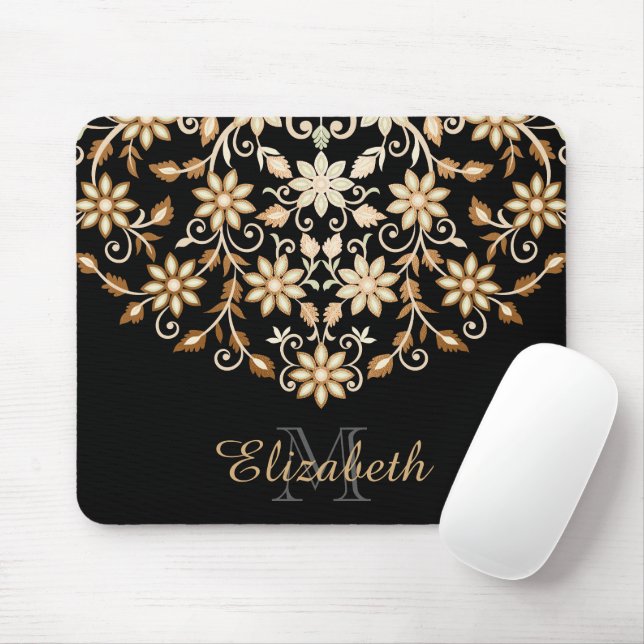 Mousepad Floral Elegante Preto e Dourado (Com mouse)