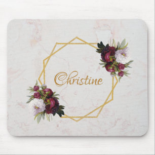 Mousepad Floral Girly Marble Gold Burgundy Red Peonies Name