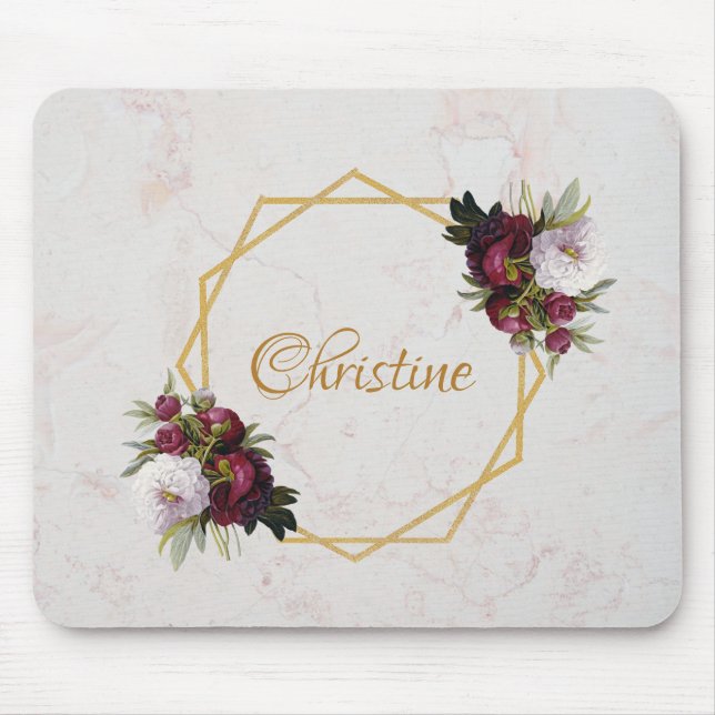 Mousepad Floral Girly Marble Gold Burgundy Red Peonies Name (Frente)
