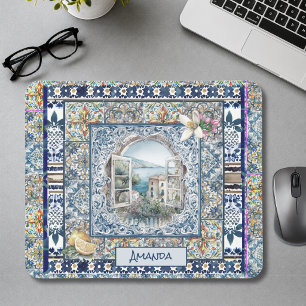 Mousepad floral italiano de verão azulejos azuis monograma