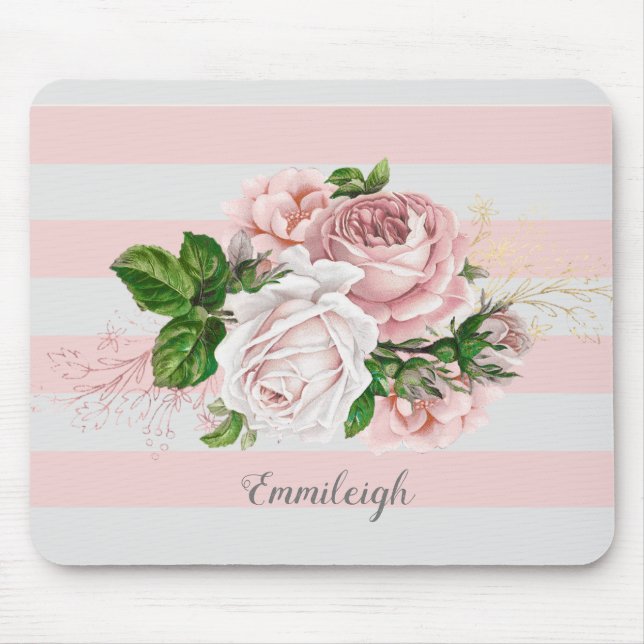 Mousepad Floral Listrado Vintage Rosa (Frente)