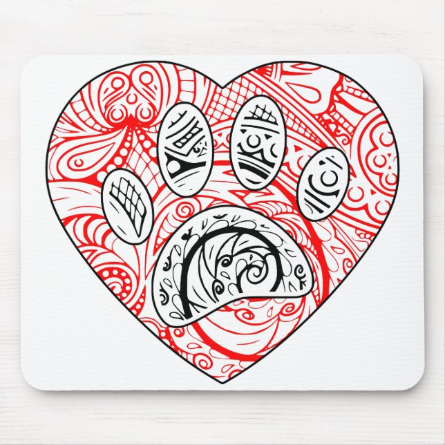 Mousepad Floral Mandala Dog Paw Print Red Heart (Frente)