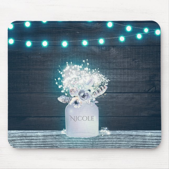 Mousepad Floral Mason Jar & Blue String Lights Russo (Frente)