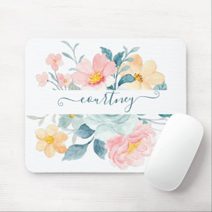 Mousepad Floral personalizado com aquarela rosa e laranja